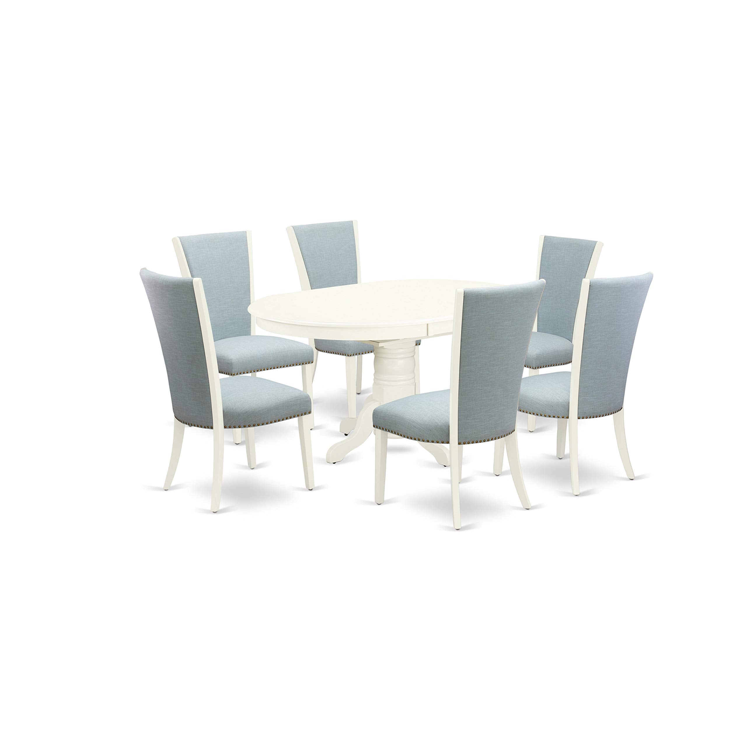 East West Furniture Avve7-Lwh-15 Avon 7 Piece Modern Dining Set Consist Of An Oval Wooden Table With Butterfly Leaf And 6 Baby Blue Fabric Upholstered Chairs, Linen White